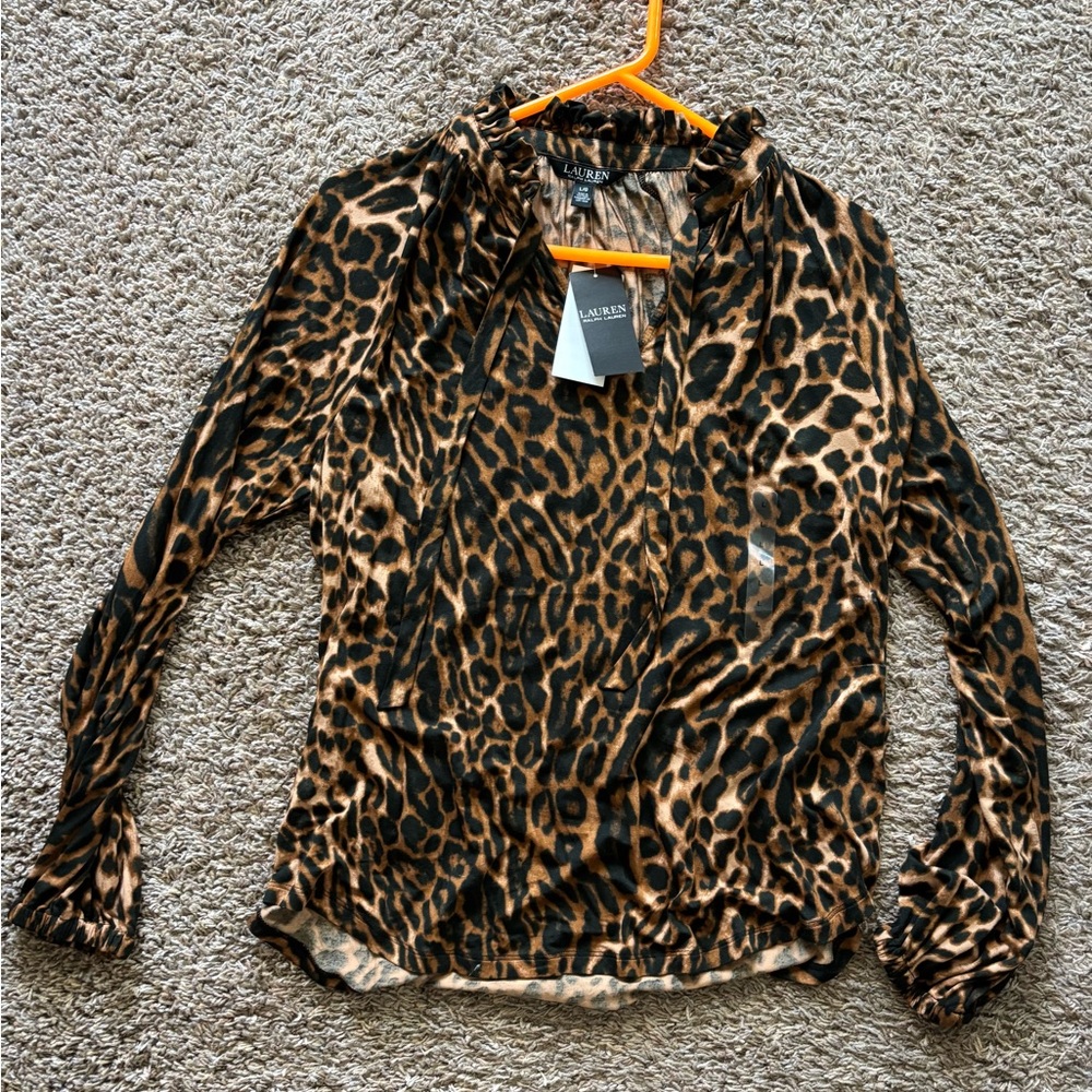 Ralph Lauren Leopard Print Tie-Neck Blouse in Brown and Black